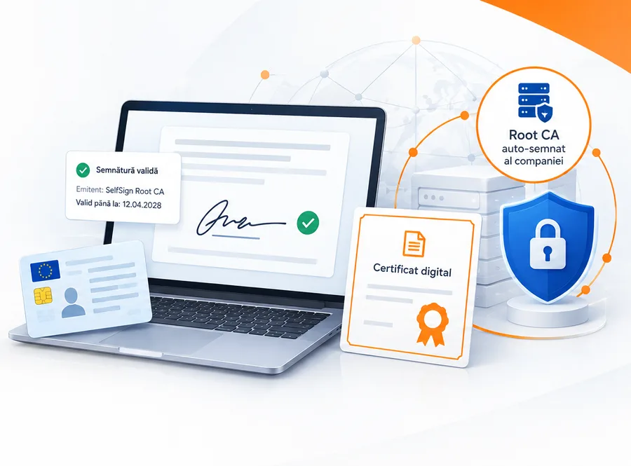 Laptop cu un document semnat valid, certificat digital și autoritatea de certificare